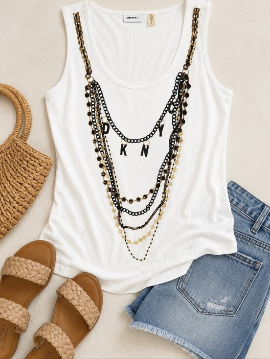 DKNYC Tops - DKNYC White Beaded Necklace Graphic Tank Top